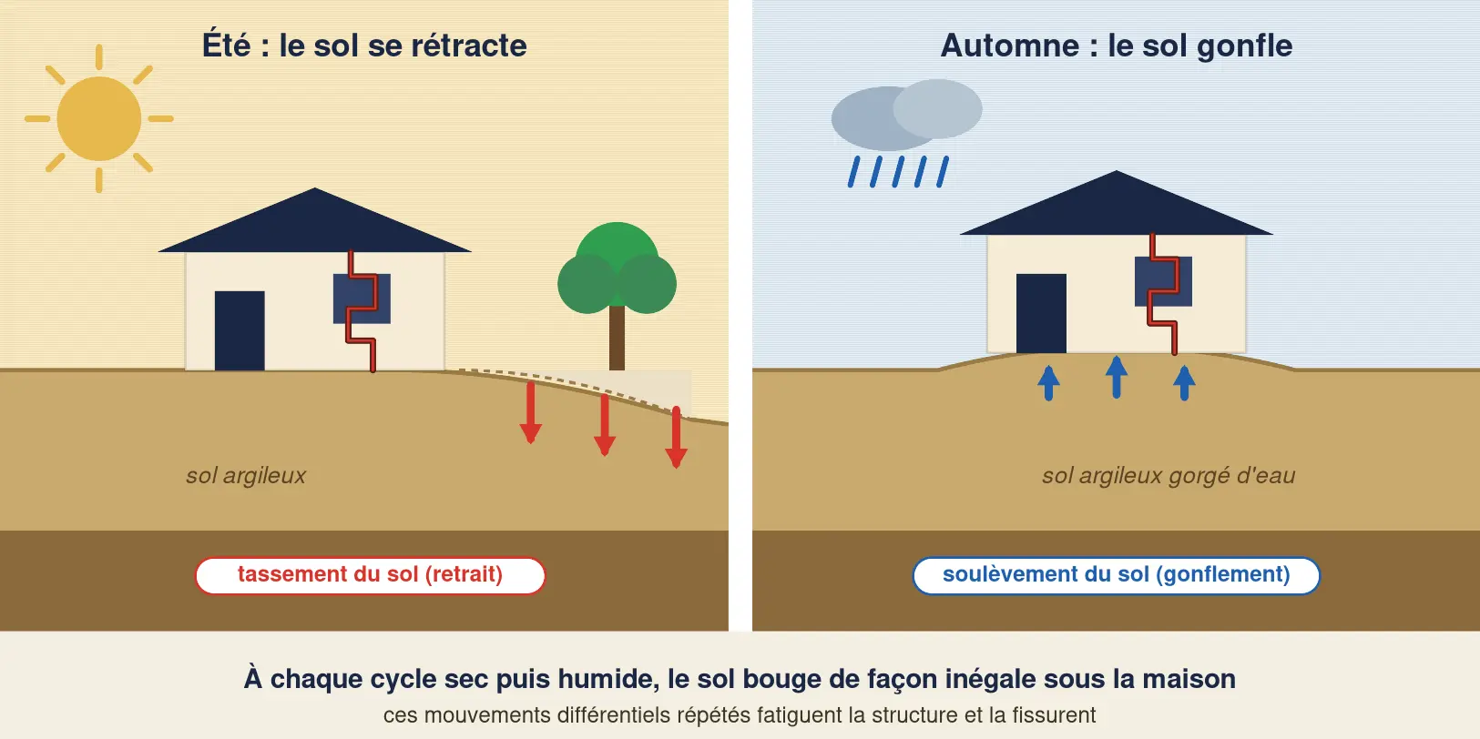 Schéma du retrait-gonflement des argiles : en été le sol argileux se rétracte et se tasse sous la maison, en automne il gonfle en se réhydratant, et ces mouvements différentiels répétés fissurent la structure
