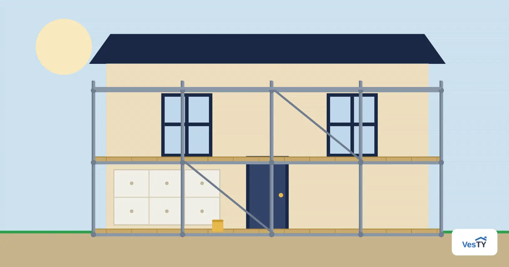 Façade de maison individuelle en cours de ravalement, montée d'échafaudage sous un ciel clair