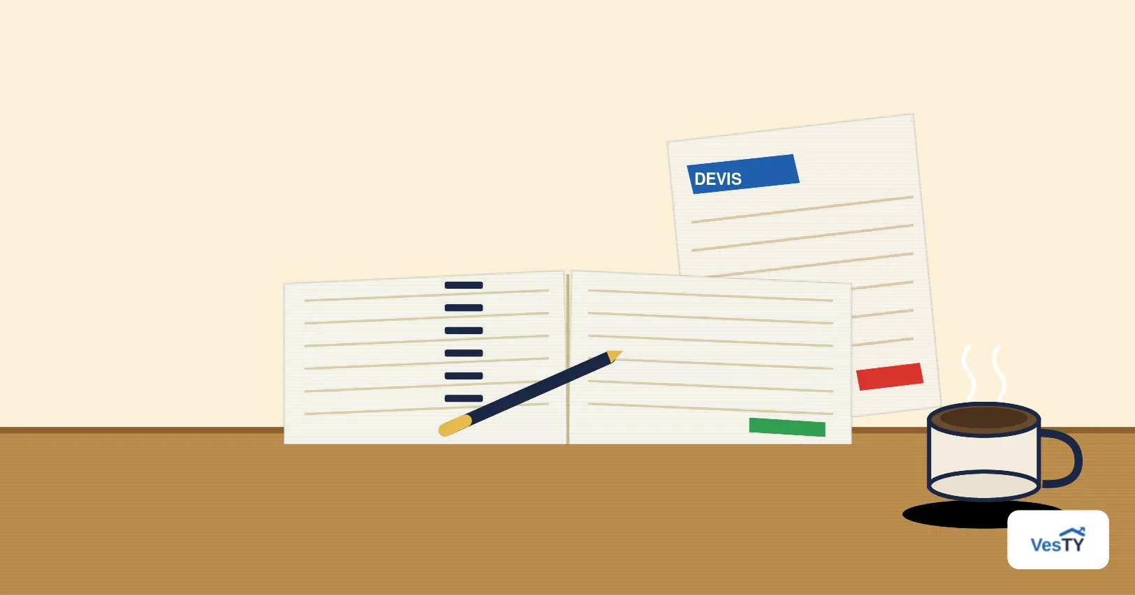 Propriétaire calculant la rentabilité de sa rénovation énergétique, carnet de comptes et devis sur la table au petit matin